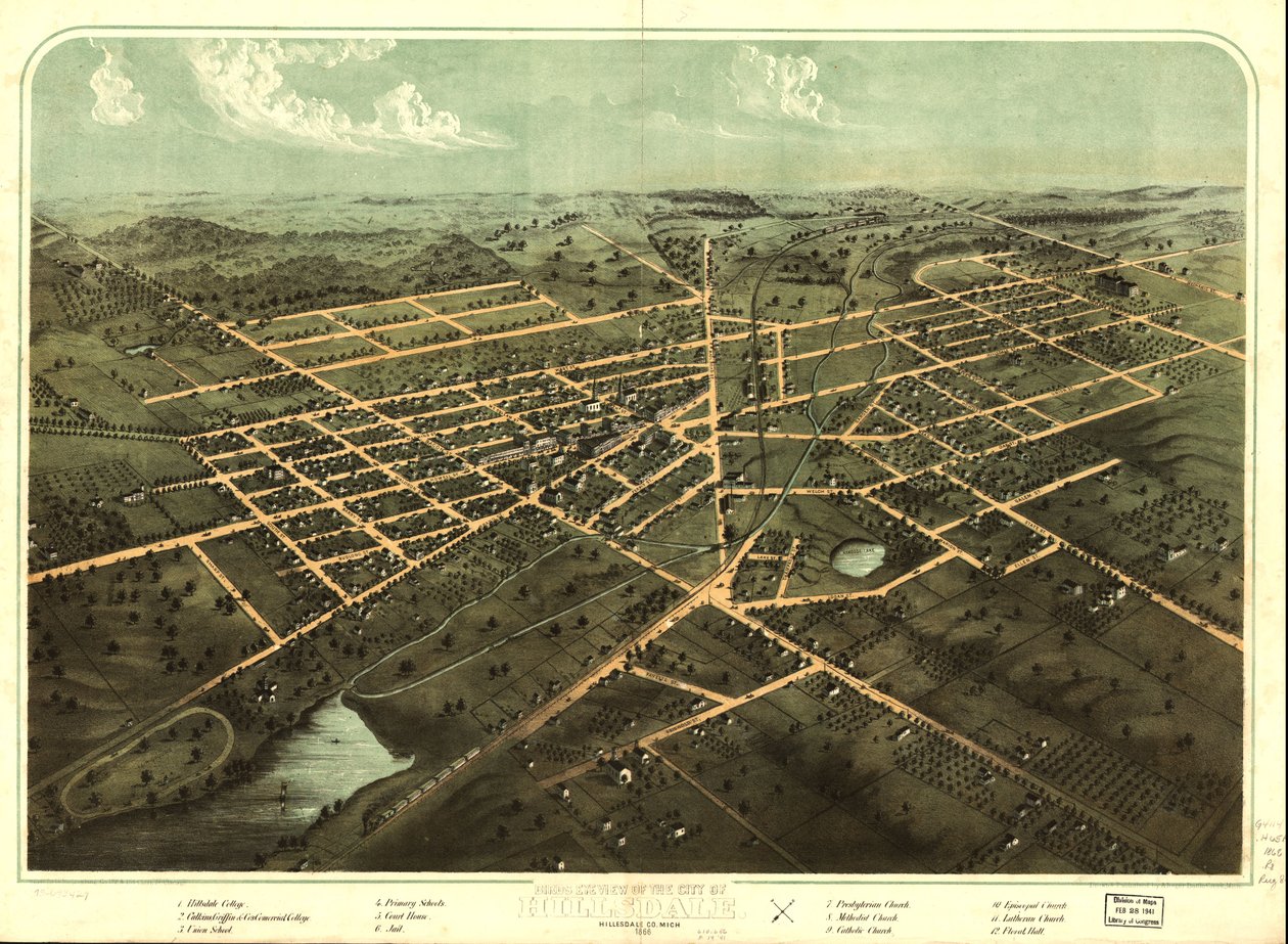 Vista aérea de la ciudad de Hillsdale, condado de Hillsdale, Mich. 1866. LOC 73693429 de A.; Chicago Lithographing Co. Ruger