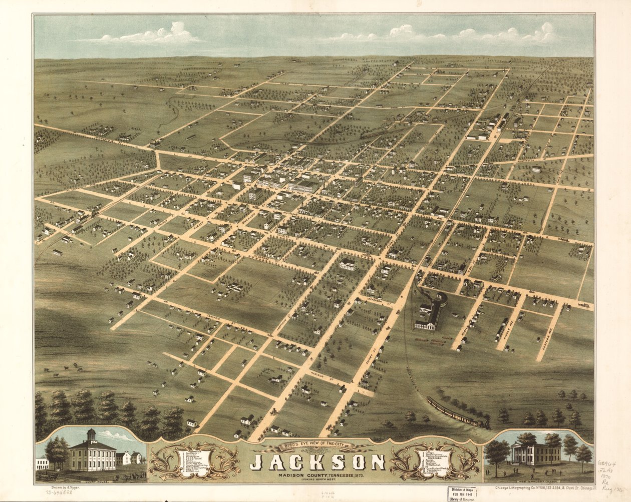 Vista aérea de la ciudad de Jackson, condado de Madison, Tennessee 1870. LOC 73694528 de A.; Chicago Lithographing Co. Ruger