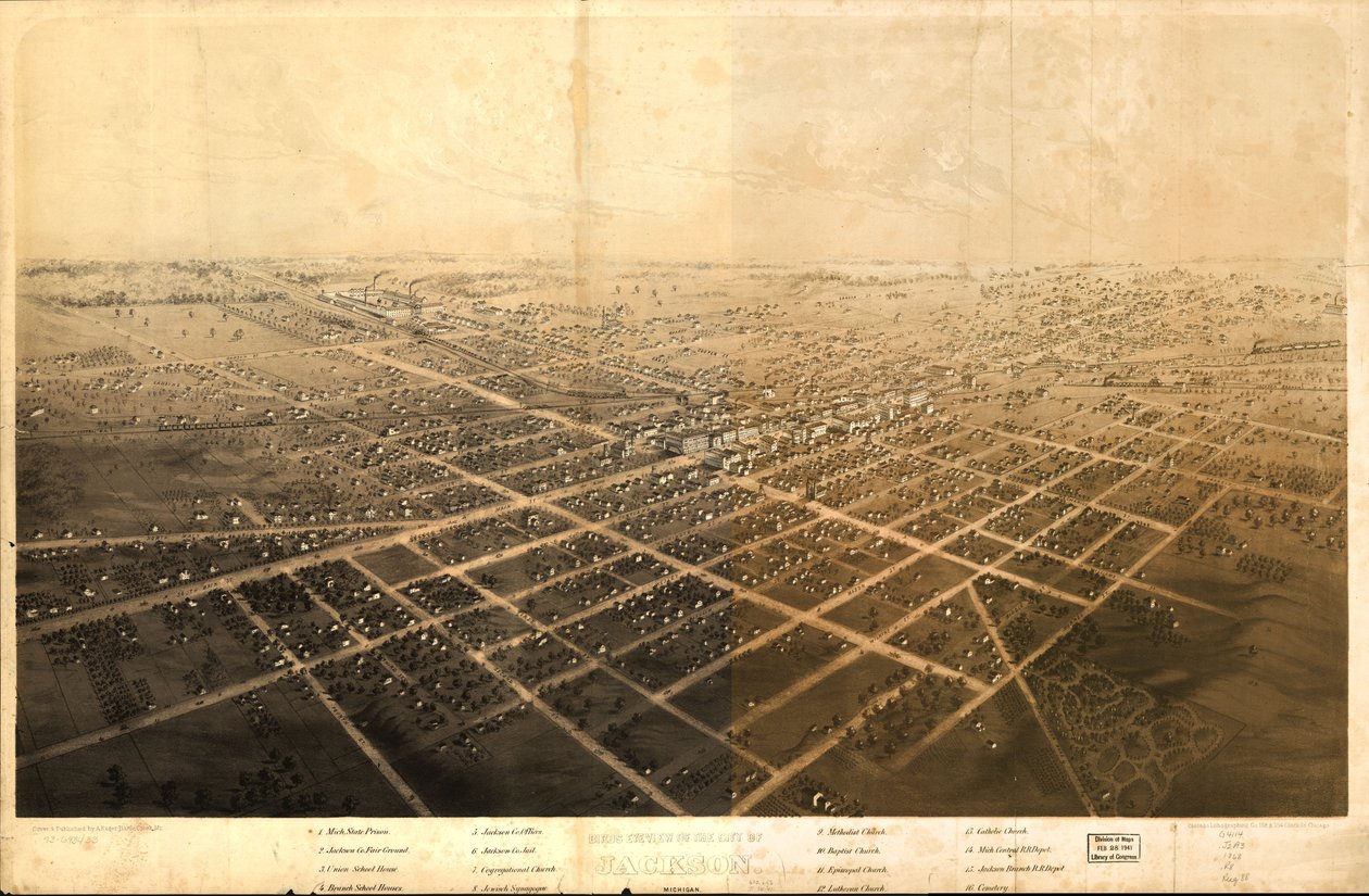 Vista aérea de la ciudad de Jackson, Michigan. LOC 73693433 de A.; Chicago Lithographing Co. Ruger