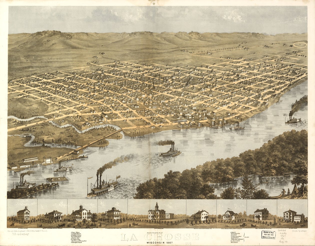 Vista aérea de la ciudad de La Crosse, Wisconsin 1867. LOC 73694545 de A.; Chicago Lithographing Co. Ruger