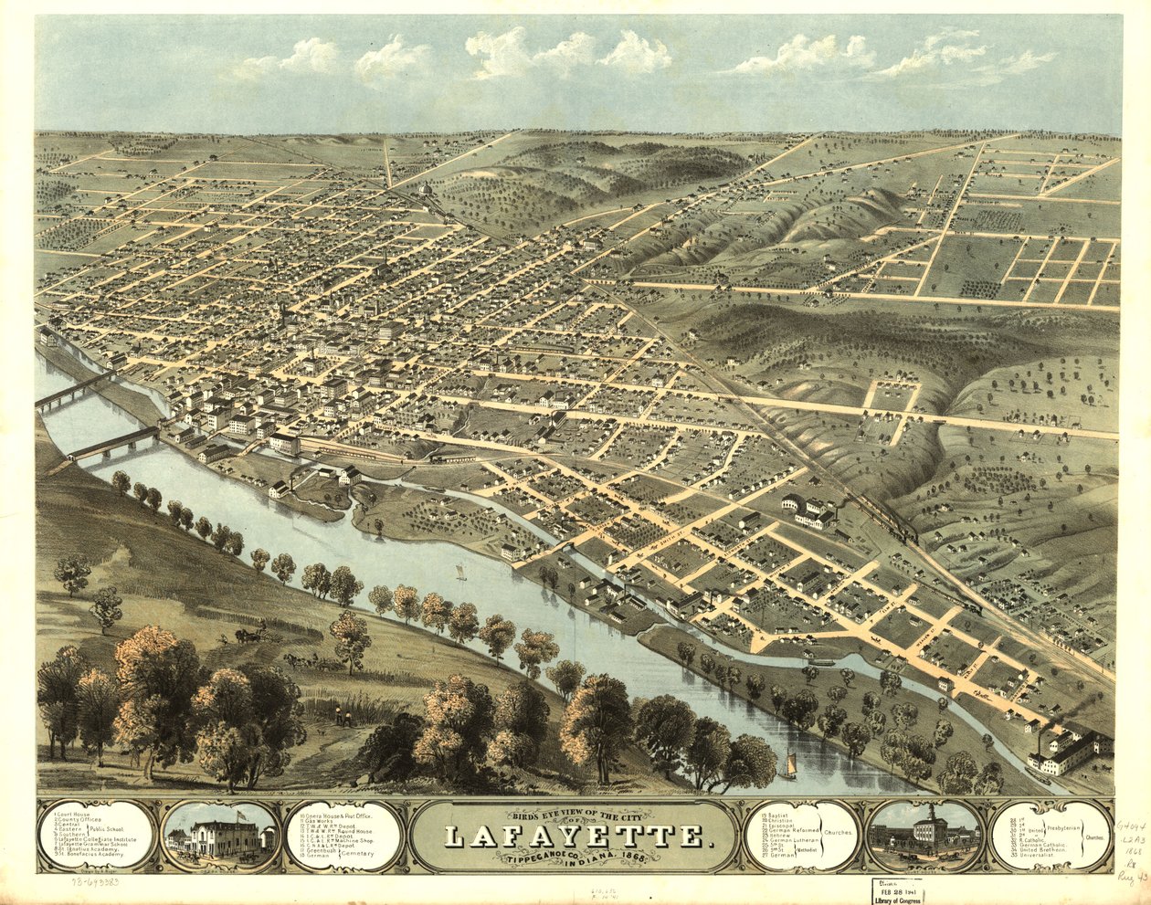 Vista de pájaro de la ciudad de Lafayette, Tippecanoe Co., Indiana 1868. LOC 73693383 de A.; Chicago Lithographing Co. Ruger