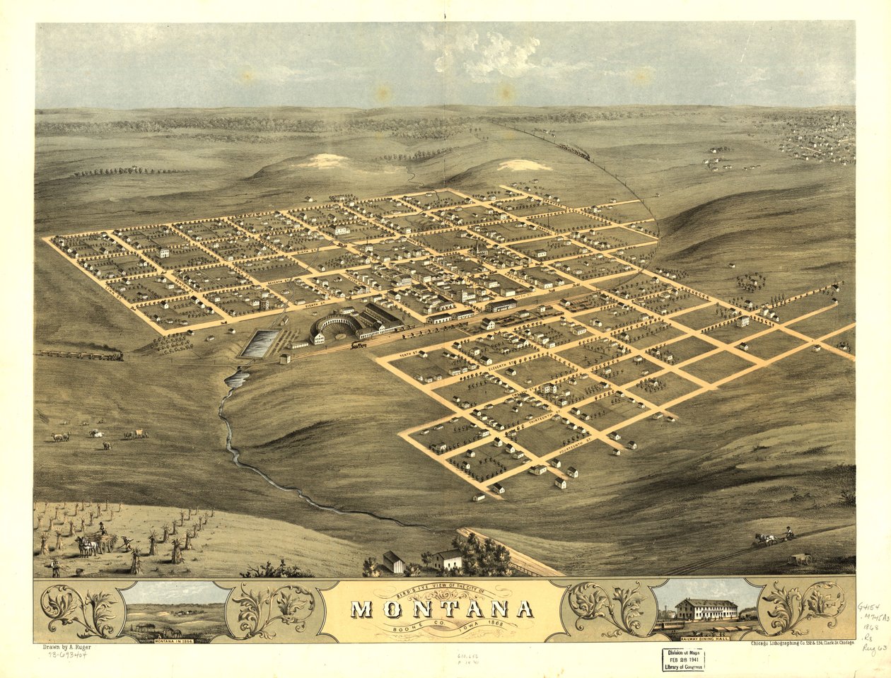 Vista aérea de la ciudad de Montana, condado de Boone, Iowa 1868. LOC 73693404 de A.; Chicago Lithographing Co. Ruger