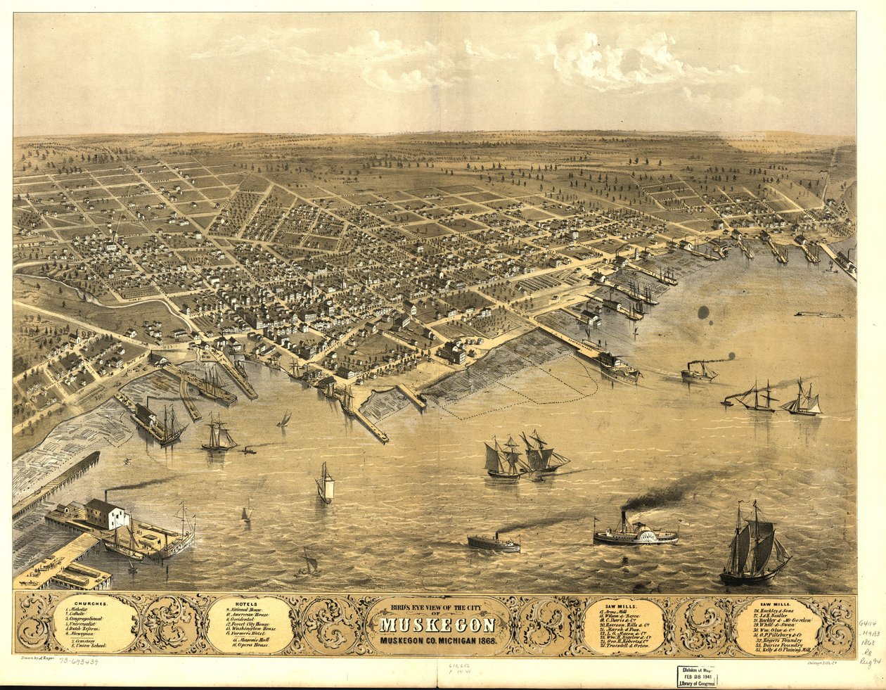 Vista de pájaro de la ciudad de Muskegon, Condado de Muskegon, Michigan 1868. de A.; Chicago Lithographing Co. Ruger