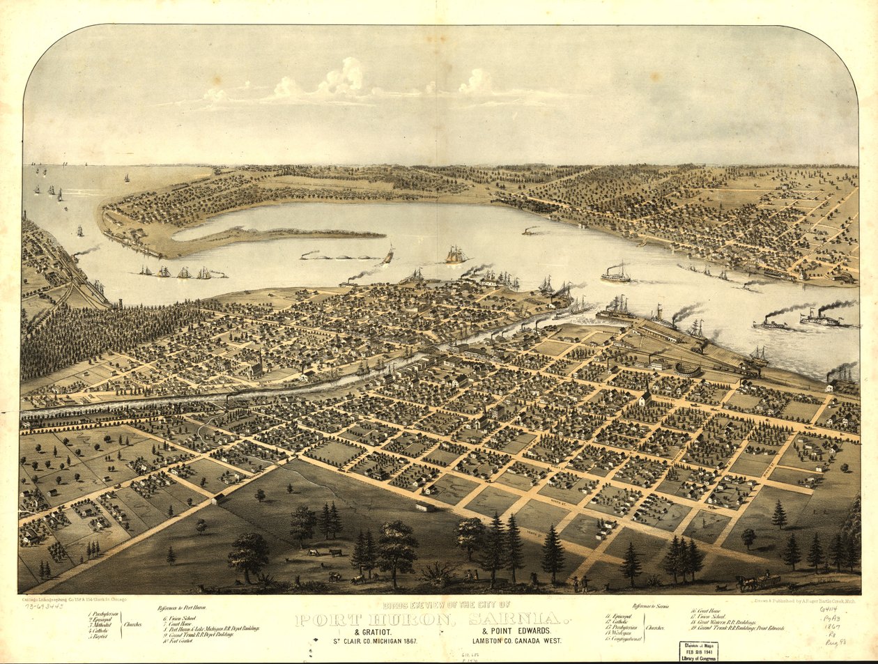 Vista aérea de la ciudad de Port Huron, Sarnia  Gratiot, condado de St. Clair, Michigan 1867  Point Edwards, condado de Lambton, Canadá oeste. LOC 73693443 de A.; Chicago Lithographing Co. Ruger