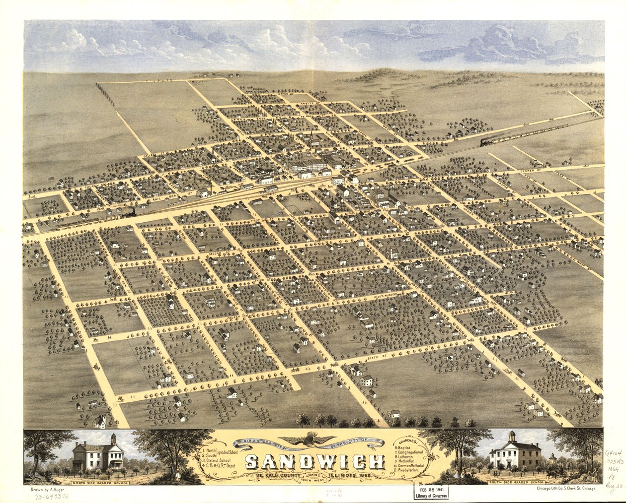 Vista aérea de la ciudad de Sandwich, condado de De Kalb, Illinois 1869. LOC 73693372 de A.; Chicago Lithographing Co. Ruger