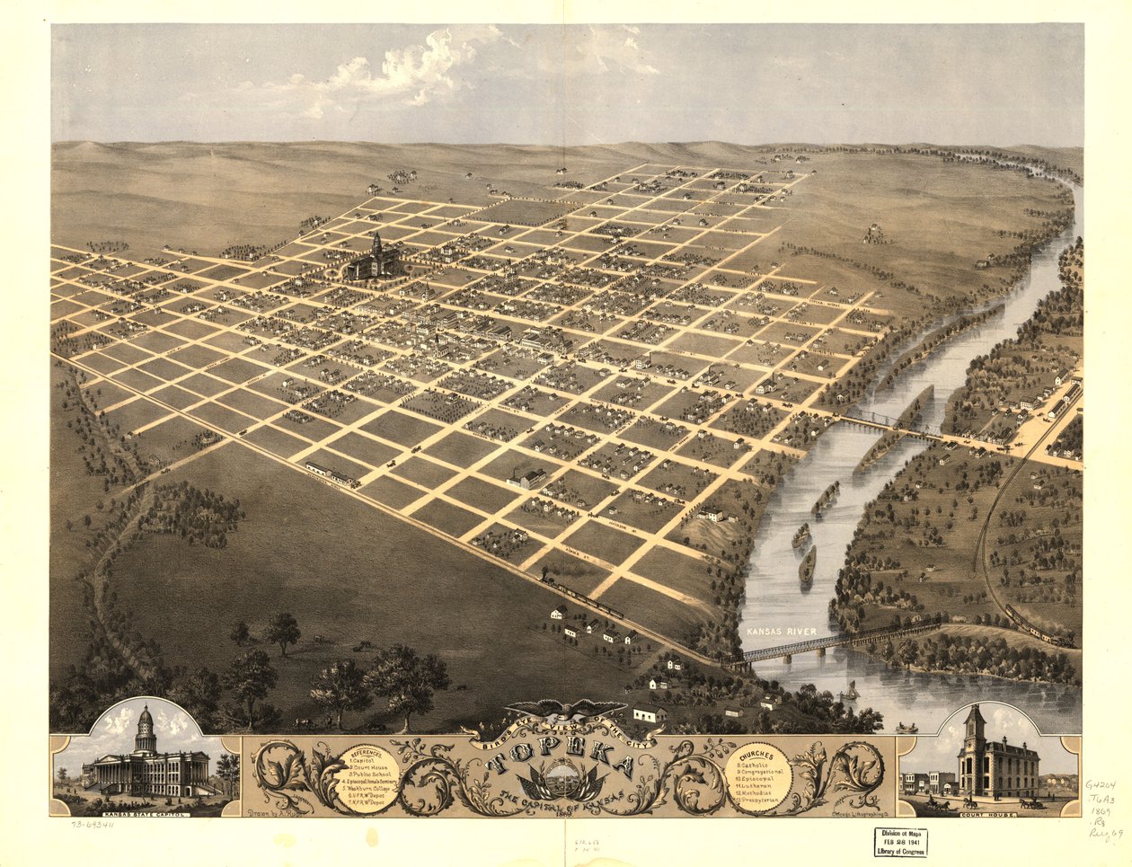 Vista de pájaro de la ciudad de Topeka, capital de Kansas 1869. LOC 73693411 de A.; Chicago Lithographing Co. Ruger
