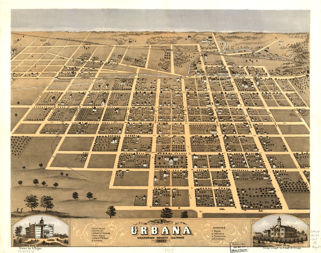 Vista aérea de la ciudad de Urbana, condado de Champaign, Illinois 1869. LOC 73693375 de A.; Chicago Lithographing Co. Ruger