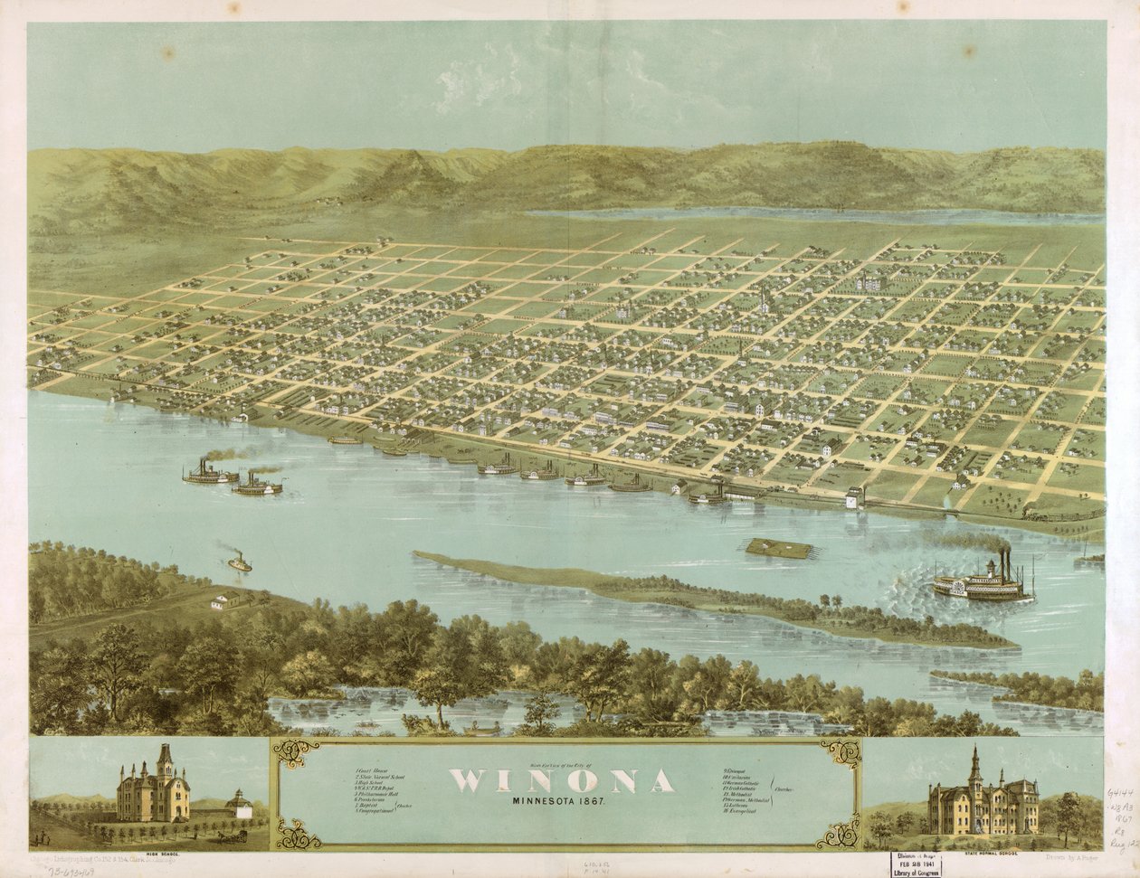 Vista aérea de la ciudad de Winona, Minnesota 1867. LOC 73693469 de A.; Chicago Lithographing Co. Ruger