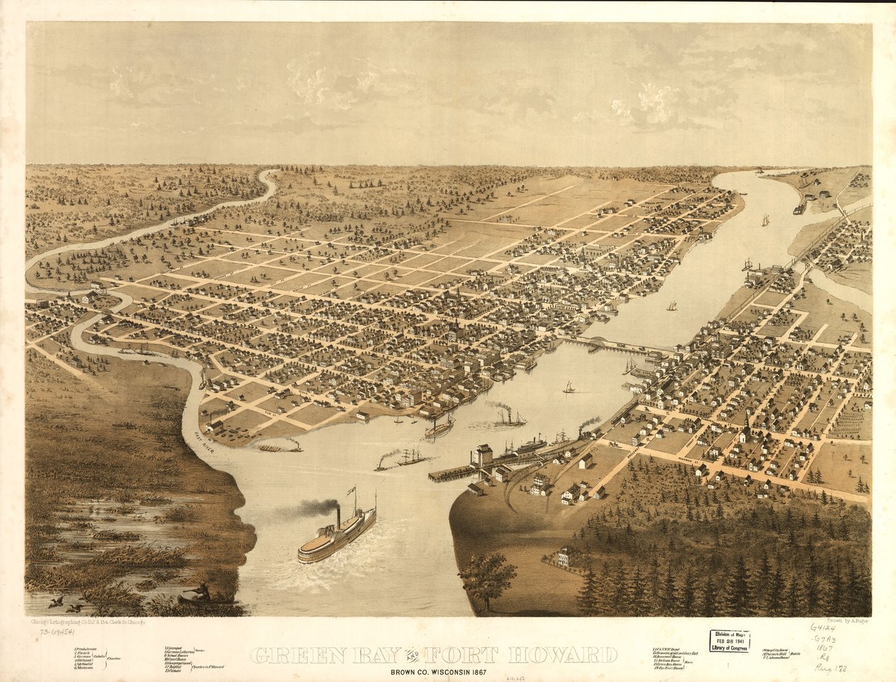 Green Bay y Fort Howard, Condado de Brown, Wisconsin 1867. LOC 73694541 de A.; Chicago Lithographing Co. Ruger