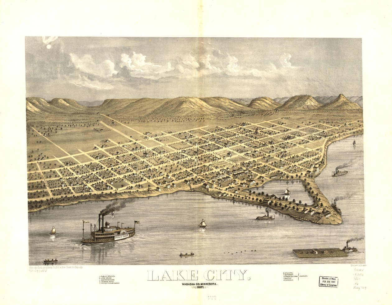 Lake City, Condado de Wabasha, Minnesota 1867. LOC 73693454 de A.; Chicago Lithographing Co. Ruger