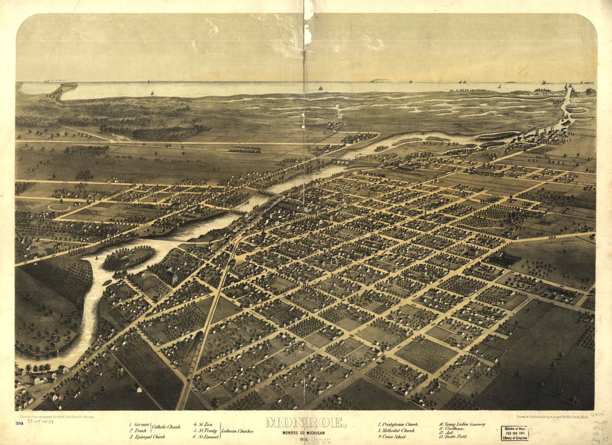 Monroe, Condado de Monroe, Michigan 1866. LOC 73693438 de A.; Chicago Lithographing Co. Ruger
