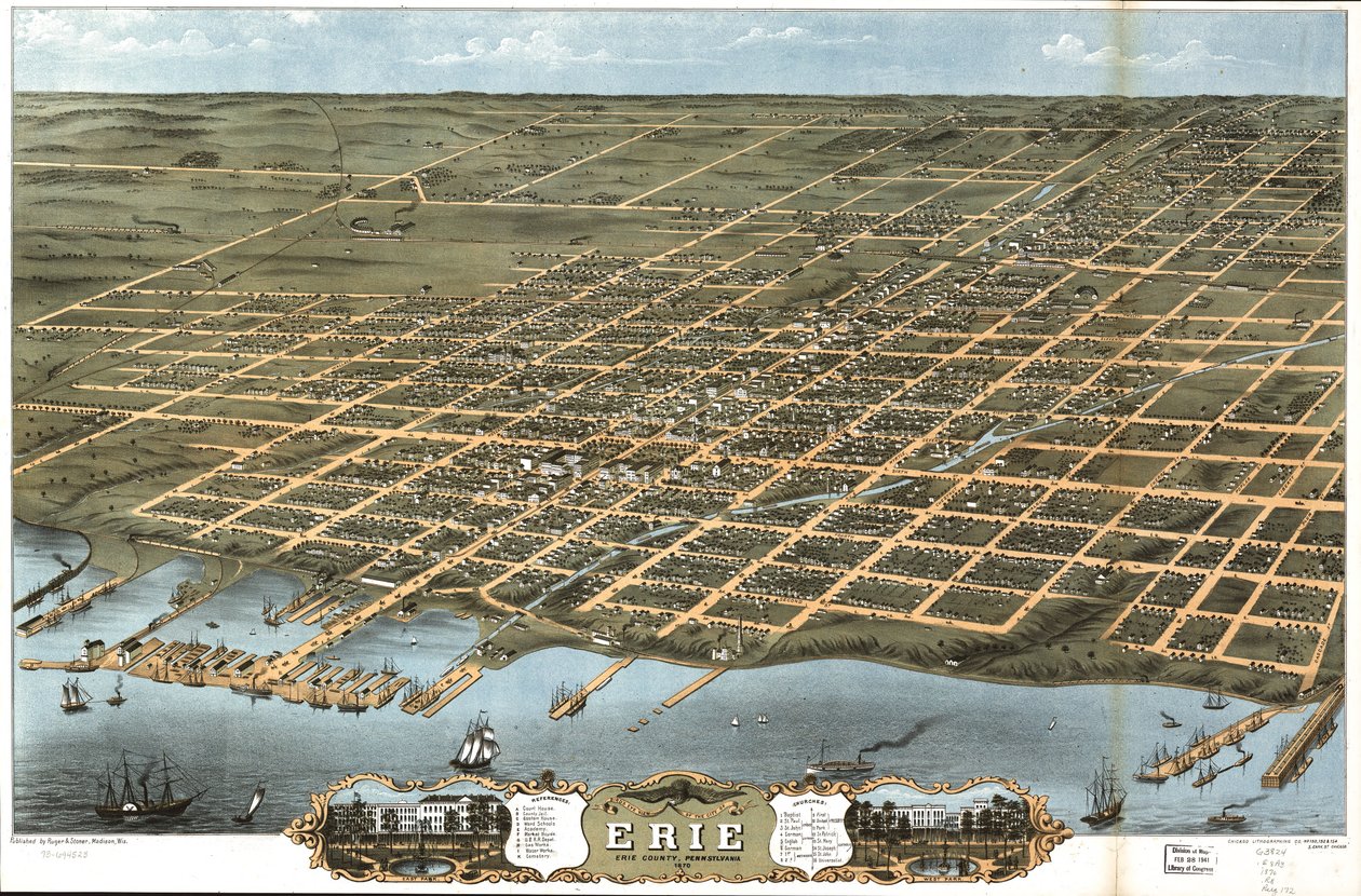 Vista de pájaro de la ciudad de Erie, Condado de Erie, Pensilvania 1870. de A. Chicago Lithographing Co. Ruger and Stoner Ruger