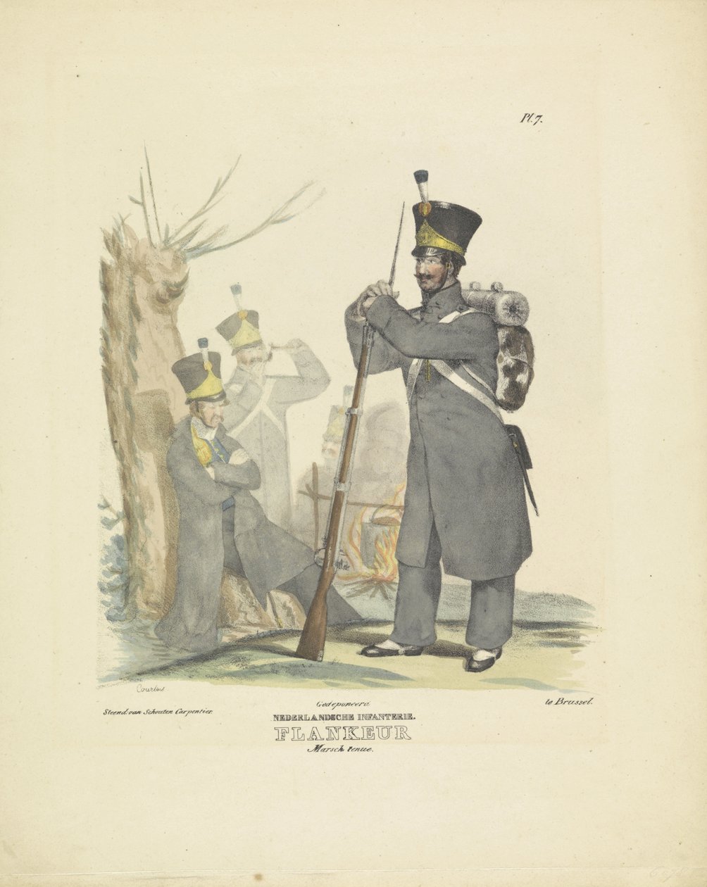 Flanco en traje de marcha, 1820-1825 infantería holandesa. Uniforme Flankeur Marsch (título sobre objeto) Trajes militares del Reino de los Países Bajos. Dedicado a Su Excelencia Willem van Bylandt (título de la serie en el objeto) de A. Courtois
