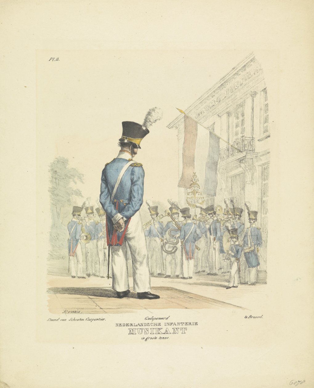 Músico en uniforme completo Músico de gala, 1820-1825 Nederlandsche Infanterie Musikant en gran uniforme (título sobre objeto) Trajes militares del Reino de los Países Bajos. Dedicado a Su Excelencia Willem van Bylandt (título de serie en obj de A. Courtois