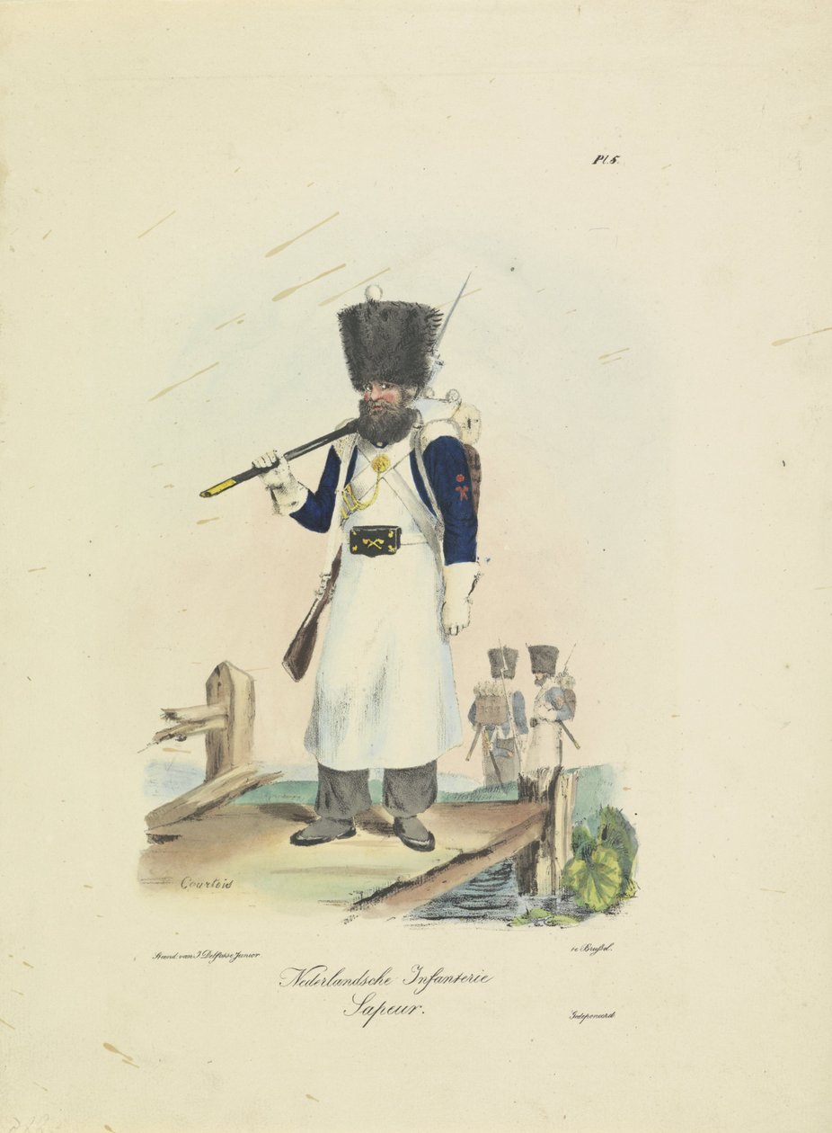 Zapador, 1820-1825 infantería holandesa. sapeur (título sobre objeto) Trajes militares del Reino de los Países Bajos. Dedicado a Su Excelencia Willem van Bylandt (título de la serie en el objeto) de A. Courtois