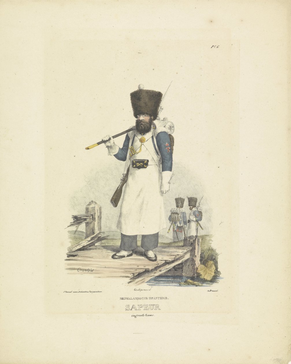 Sappeur con gran uniforme, 1820-1825 infantería holandesa. Sapeur en traje grande (título sobre objeto) Trajes militares del Reino de los Países Bajos. Dedicado a Su Excelencia Willem van Bylandt (título de la serie en el objeto) de A. Courtois