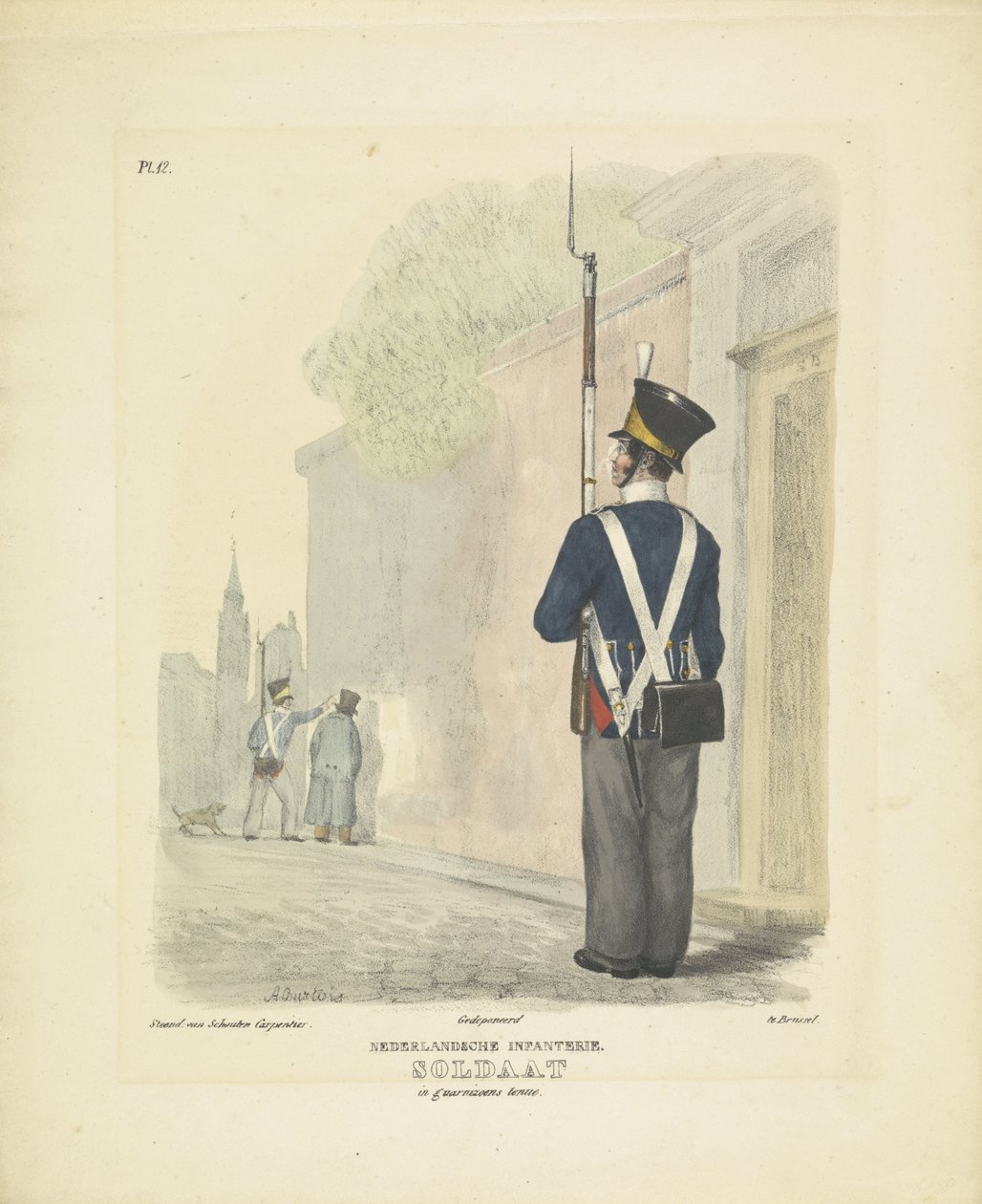 Soldado con traje de guarnición, 1820-1825 infantería holandesa. Soldado con uniforme de guerrillero (título sobre objeto) Trajes militares del Reino de los Países Bajos. Dedicado a Su Excelencia Willem van Bylandt (título de la serie en el objeto) de A. Courtois