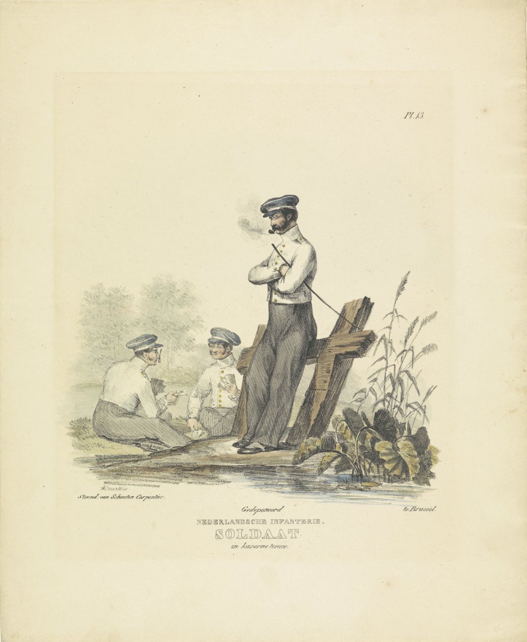 Soldado con uniforme de cuartel, 1820-1825 infantería holandesa. Soldado con traje de Kaserne (título sobre el objeto) Trajes militares del Reino de los Países Bajos. Dedicado a Su Excelencia Willem van Bylandt (título de la serie en el objeto) de A. Courtois