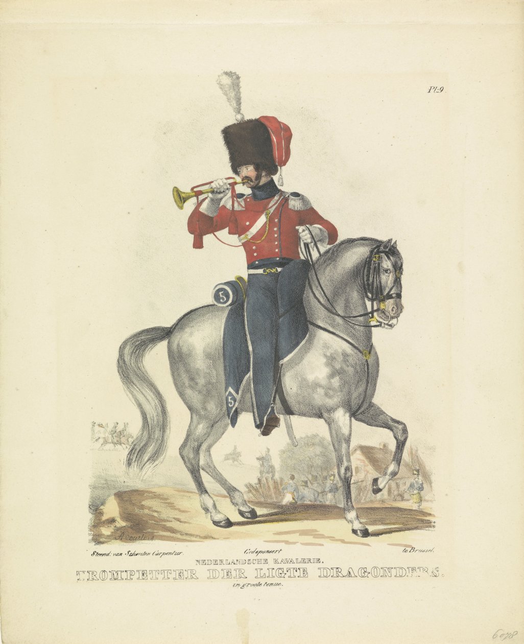 Trompetista en uniforme completo Trompetista con gran uniforme, 1820-1825 caballería holandesa. Trompetista de los Dragones Ligte. en uniforme completo (título en el objeto) Trajes militares del Reino de los Países Bajos. Dedicado a Su Excelencia Guillermo de A. Courtois