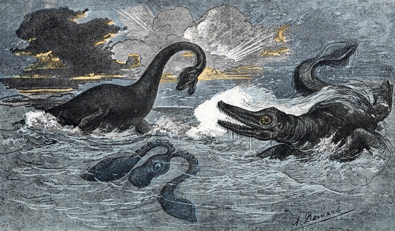 Plesiosaurio e ictiosaurio del Jurásico Inferior de A. Demarle
