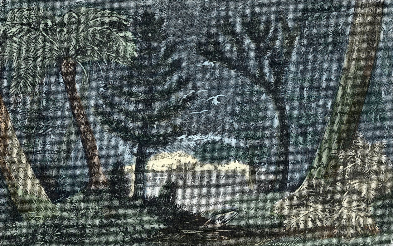 Prehistoria: paisaje característico con pantano y bosque de A. Demarle