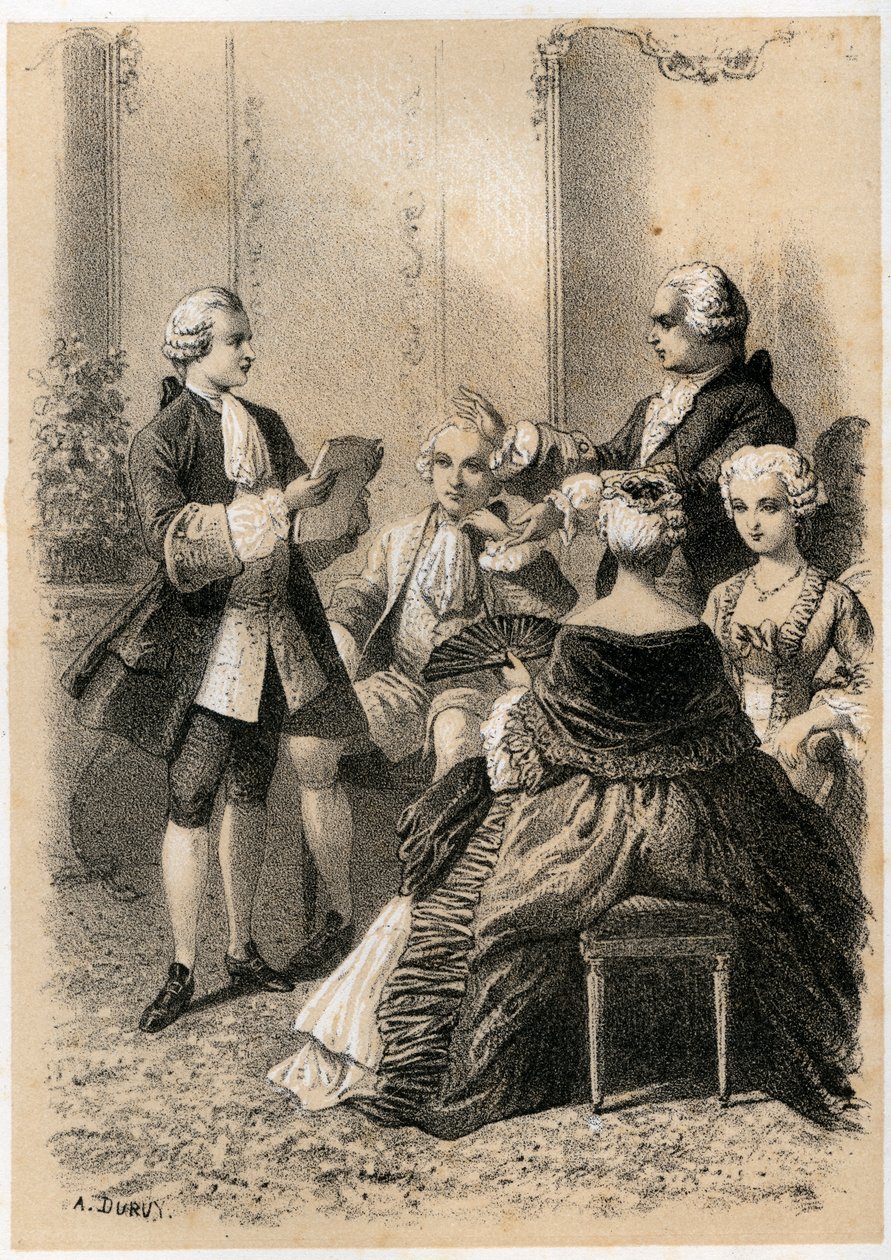 Antoine-Marin Lemierre leyendo Hypermnestra a Jean-Baptiste Vivien de Chateaubrun, ilustración de 