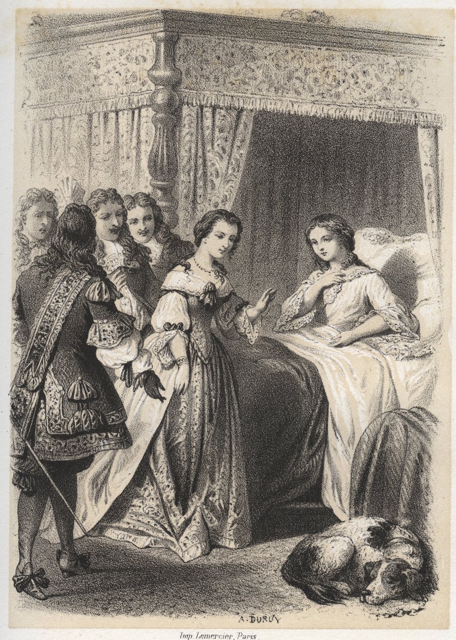 Madame Deshoulières, Antoinette Ligier de La Garde (1637-1694) abrumada con preguntas por su entorno después de una noche pasada con el miedo al fantasma. Grabado por A. Duruy en "Ilustraciones literarias de Francia; o, Galería anecdótica de nuestros pr de A. Duruy