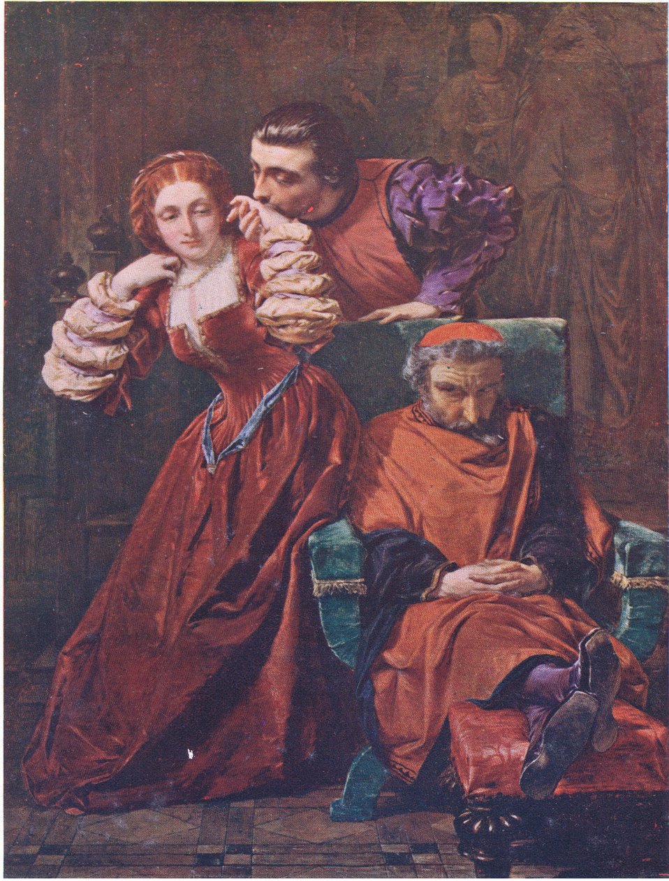 Silvia y Valentine (Los dos caballeros de Verona) "Este amor de ellos mismos lo he visto a menudo, tal vez, cuando me han juzgado profundamente dormido", de Las Obras Completas de William Shakespeare publicada por J Coker & Co Ltd (litografía en color) de A. E. Elmore