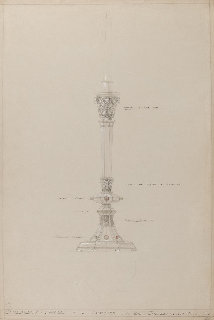 Capilla de los niños: candelabro de plata propuesto, tamaño real de A. Edward Jones and Co.