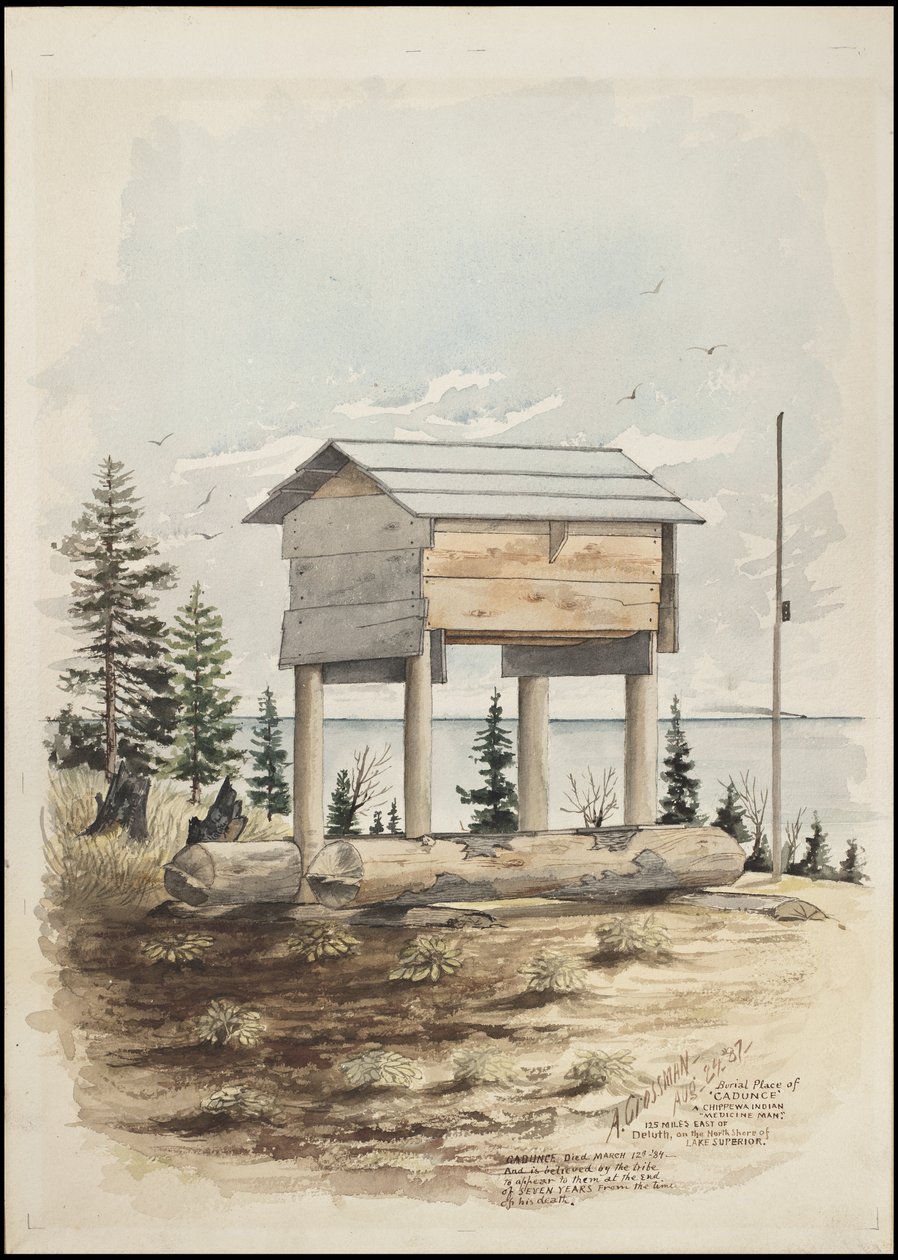 Dibujos que representan el lugar de enterramiento de "Cadunce", un "curandero" indio chippewa, una pintura de arena navajo y pinturas rupestres crow. de A. Grossman