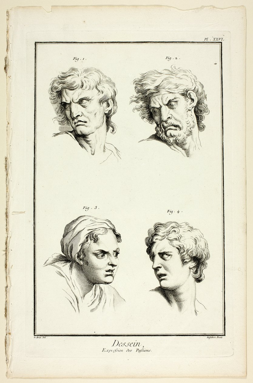 Dibujo: Expresiones de la emoción (odio o celos, ira, deseo, dolor físico), de Encyclopédie de A. J. Defehrt