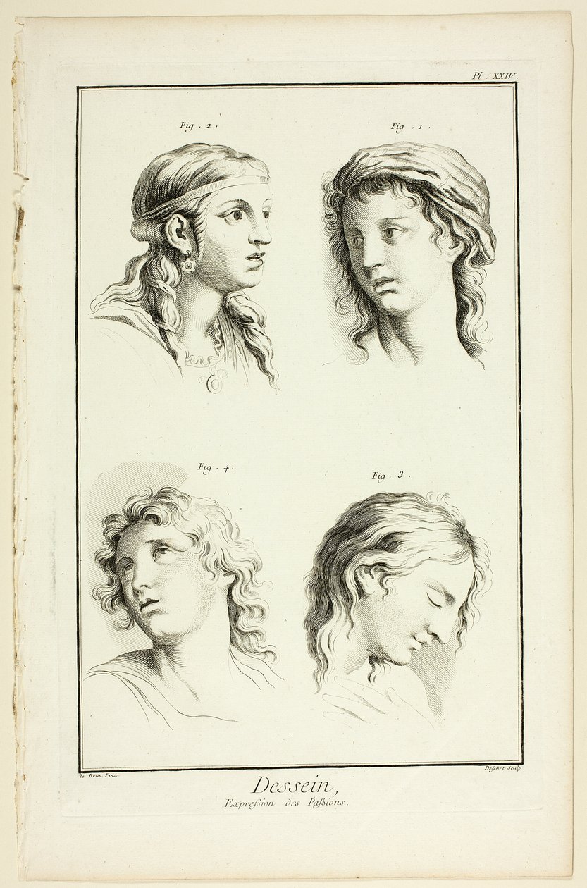 Dibujo: Expresiones de la emoción (asombro, amor, veneración, arrebato), de Encyclopédie de A. J. Defehrt