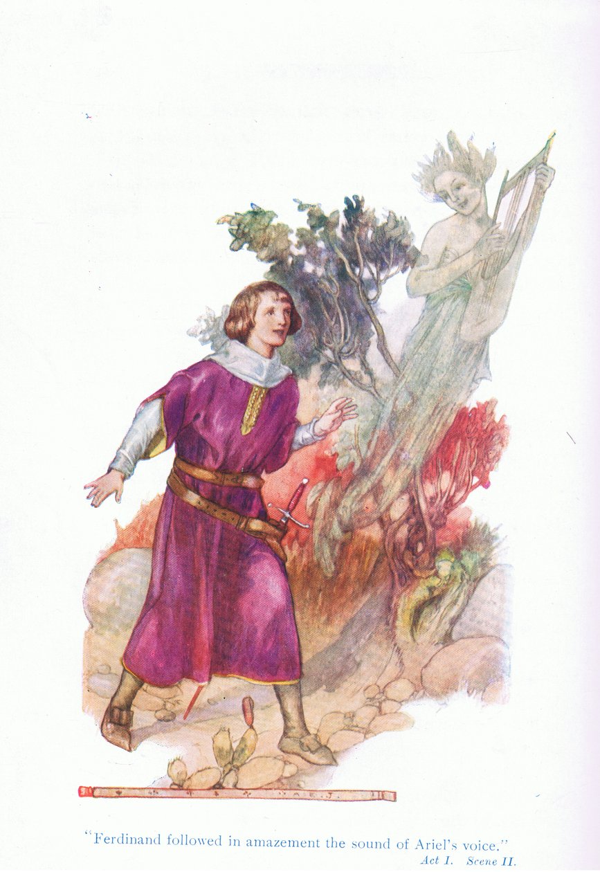 Ferdinand siguió asombrado el sonido de la voz de Ariel (La tempestad), de Cuentos de Shakespeare pub. por Ward Lock & Co Ltd de A. Jackson