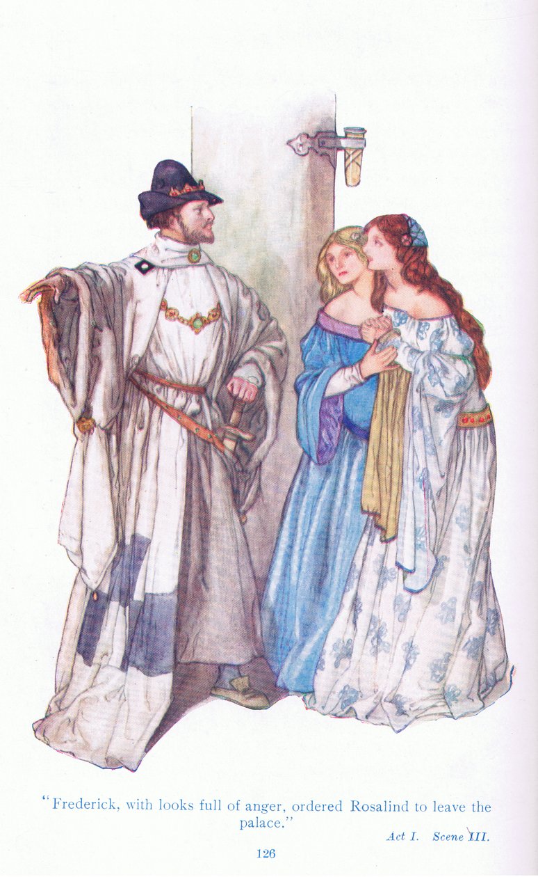 Federico con mirada de enojo, ordenó a Rosalind que abandonara el palacio (Como gustéis), de Cuentos de Shakespeare pub. por Ward Lock & Co Ltd de A. Jackson