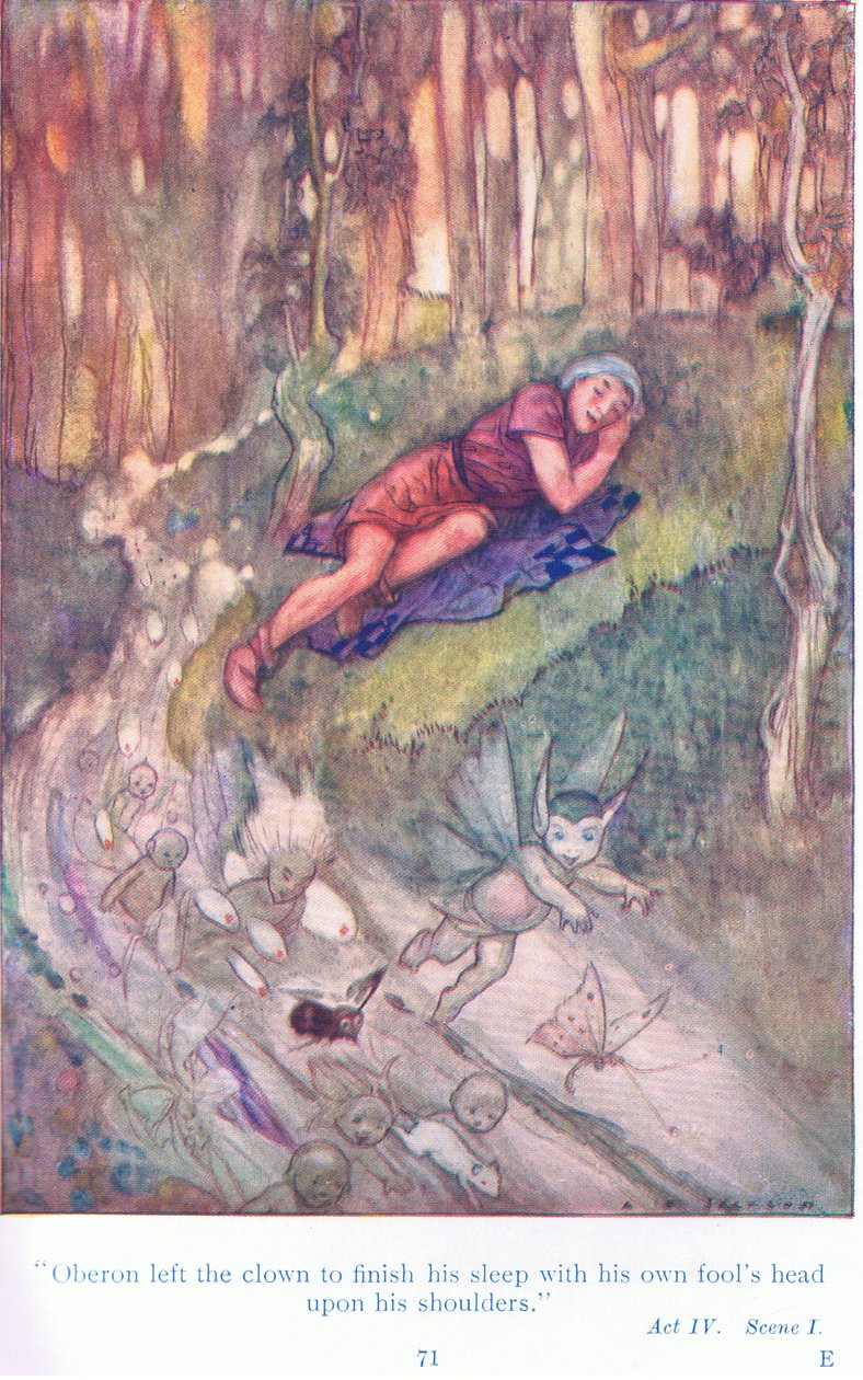Oberón dejó al payaso para que terminara su sueño con la cabeza de tonto sobre sus hombros (Sueño de una noche de verano), de Tales from Shakespeare de A. Jackson