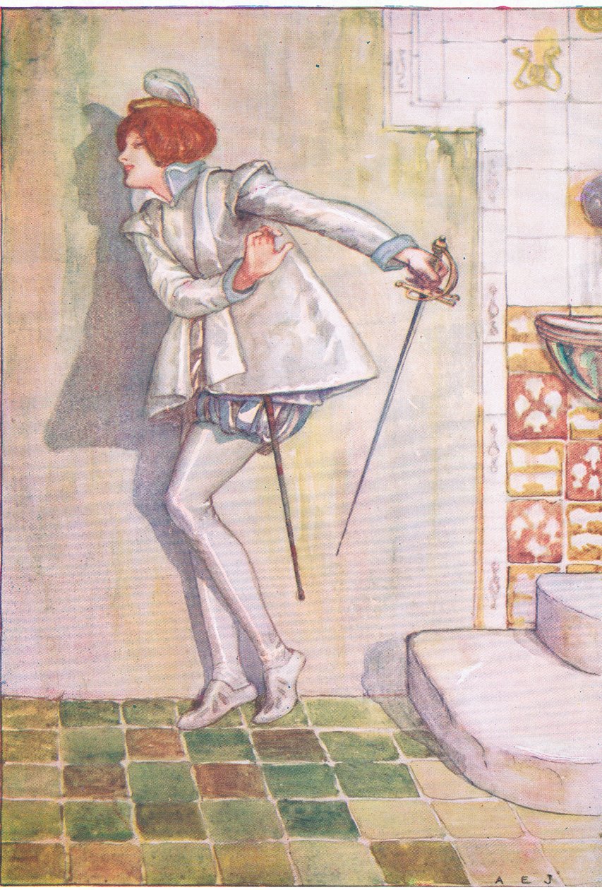 La pobre Viola temía mirar su espada (Noche de Reyes), de Cuentos de Shakespeare publicado por Ward Lock & Co Ltd de A. Jackson