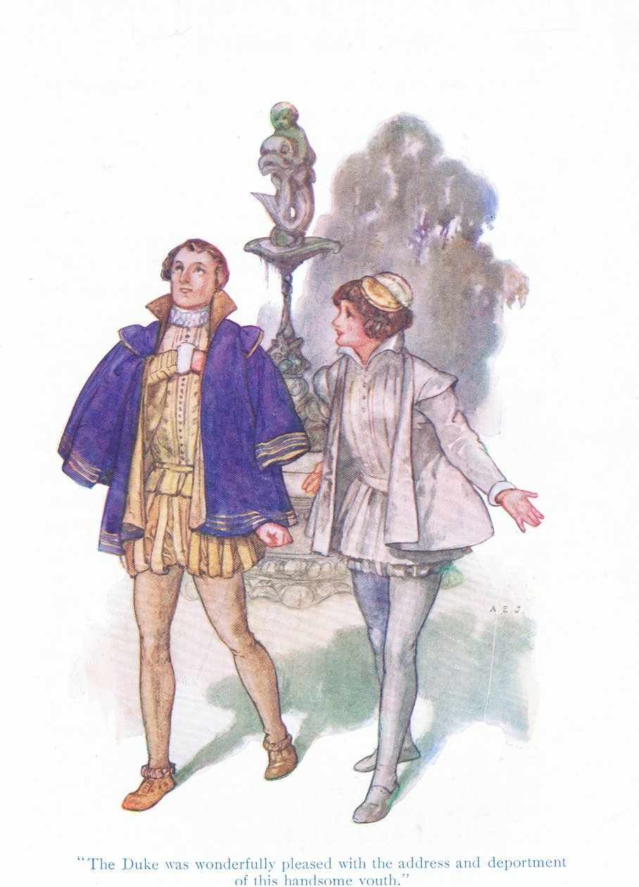 El duque estaba maravillosamente complacido con la dirección y el comportamiento de este apuesto joven (Noche de Reyes), de Cuentos de Shakespeare publicado por Ward Lock & Co Ltd de A. Jackson