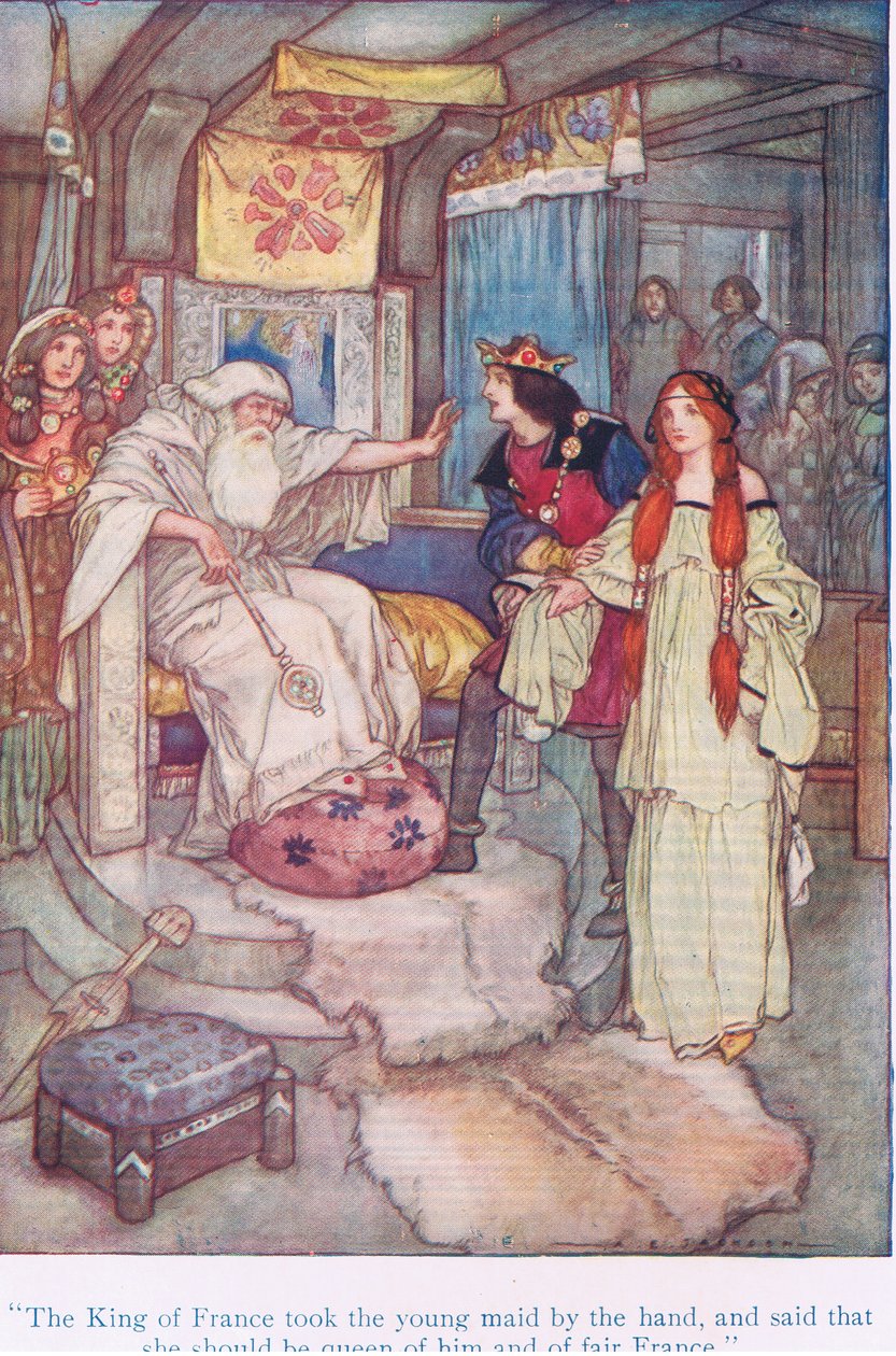 El rey de Francia tomó a la joven doncella de la mano y dijo que ella sería reina de él y de la bella Francia (Rey Lear), de Cuentos de Shakespeare pub. por Ward Lock & Co Ltd de A. Jackson