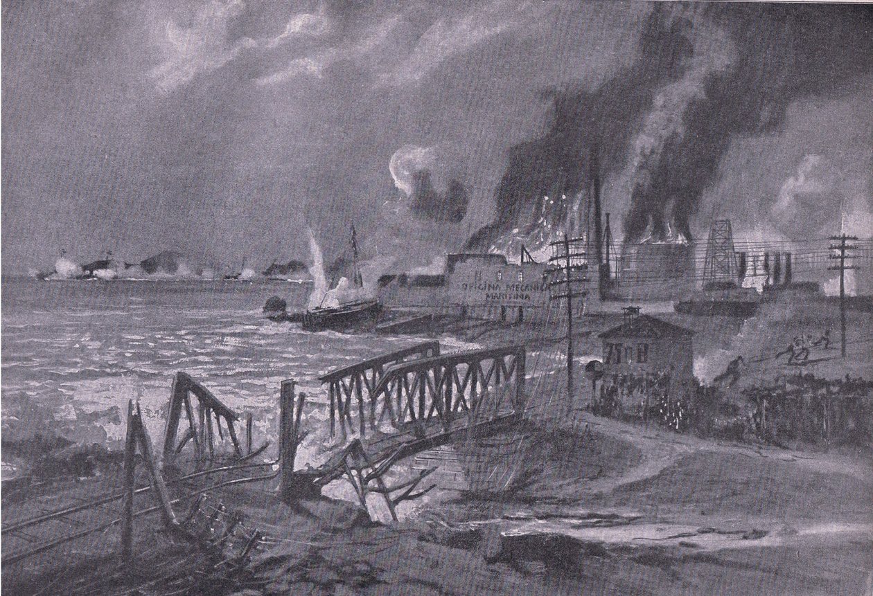Destrucción de un astillero en Bari (Italia) por destructores de torpedos austrohúngaros, de La Historia Ilustrada de la Primera Guerra Mundial 1914-1915 publicada por Union Berlagsefellfchaft de A. Kircher