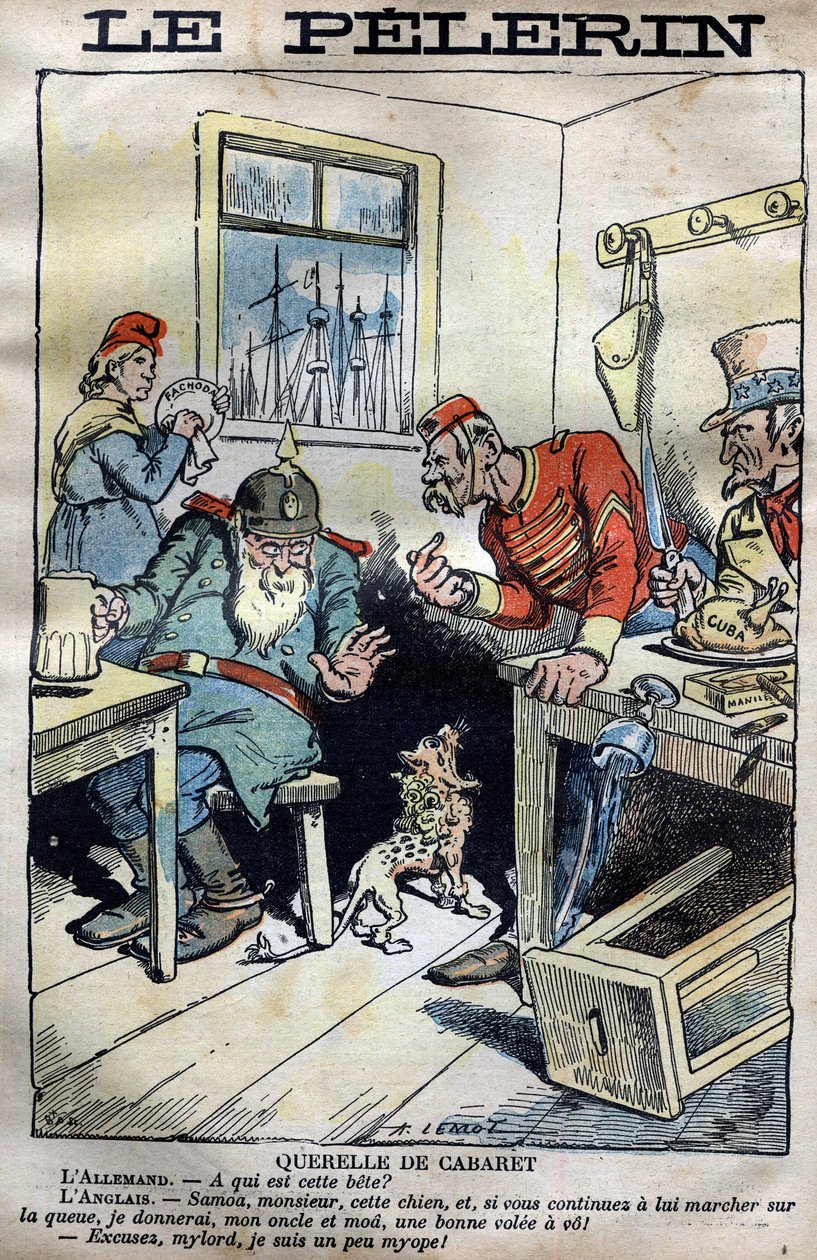 Cabaret Querelle: Caricatura sobre las guerras coloniales entre Inglaterra, Alemania, Francia y Estados Unidos en torno a la situación en Fachoda en África. Grabado por Lemot en “le Pèlerin” del 23 de abril de 1899 (La crisis de Fachoda: grave incidente di de A Lemot