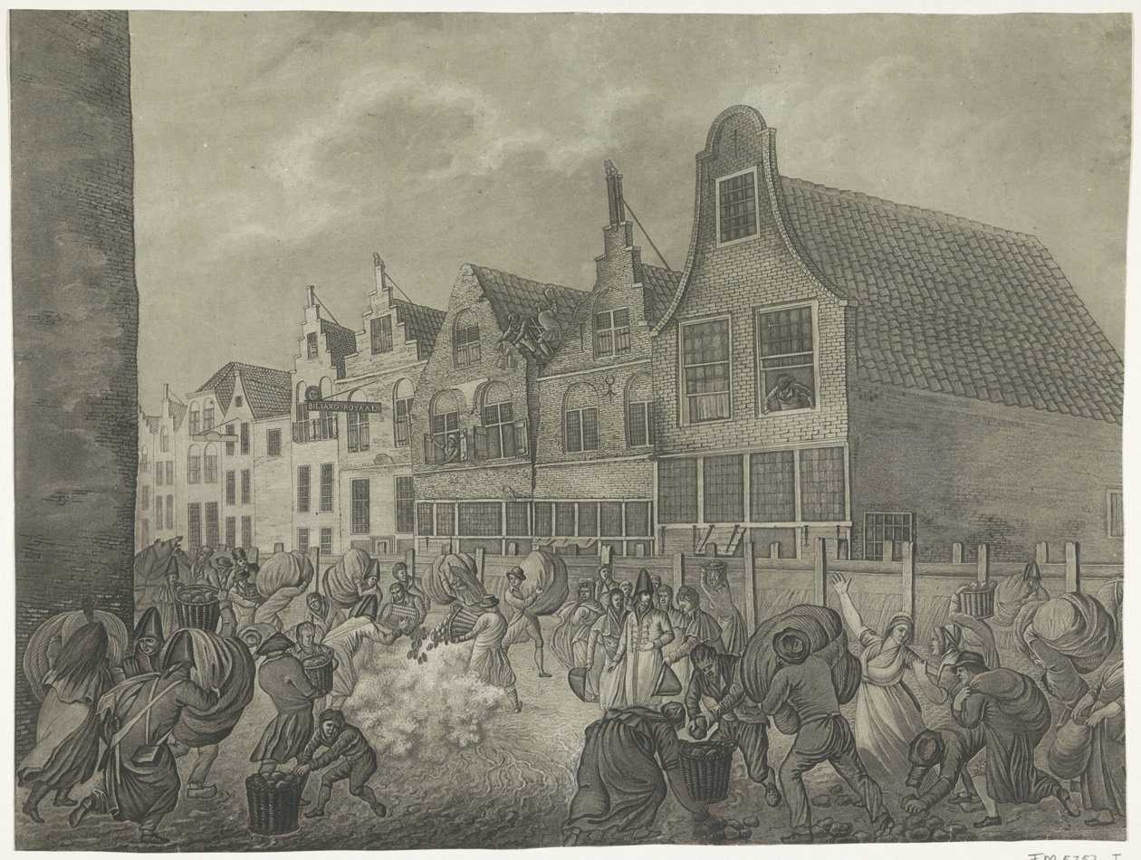 Fallo del encofrado a lo largo del Kortendijk en Gorinchem, 1809
Cuatro láminas de la inundación de 1809 dedicadas al rey Luis Napoleón (título de la serie) de A. Lutz