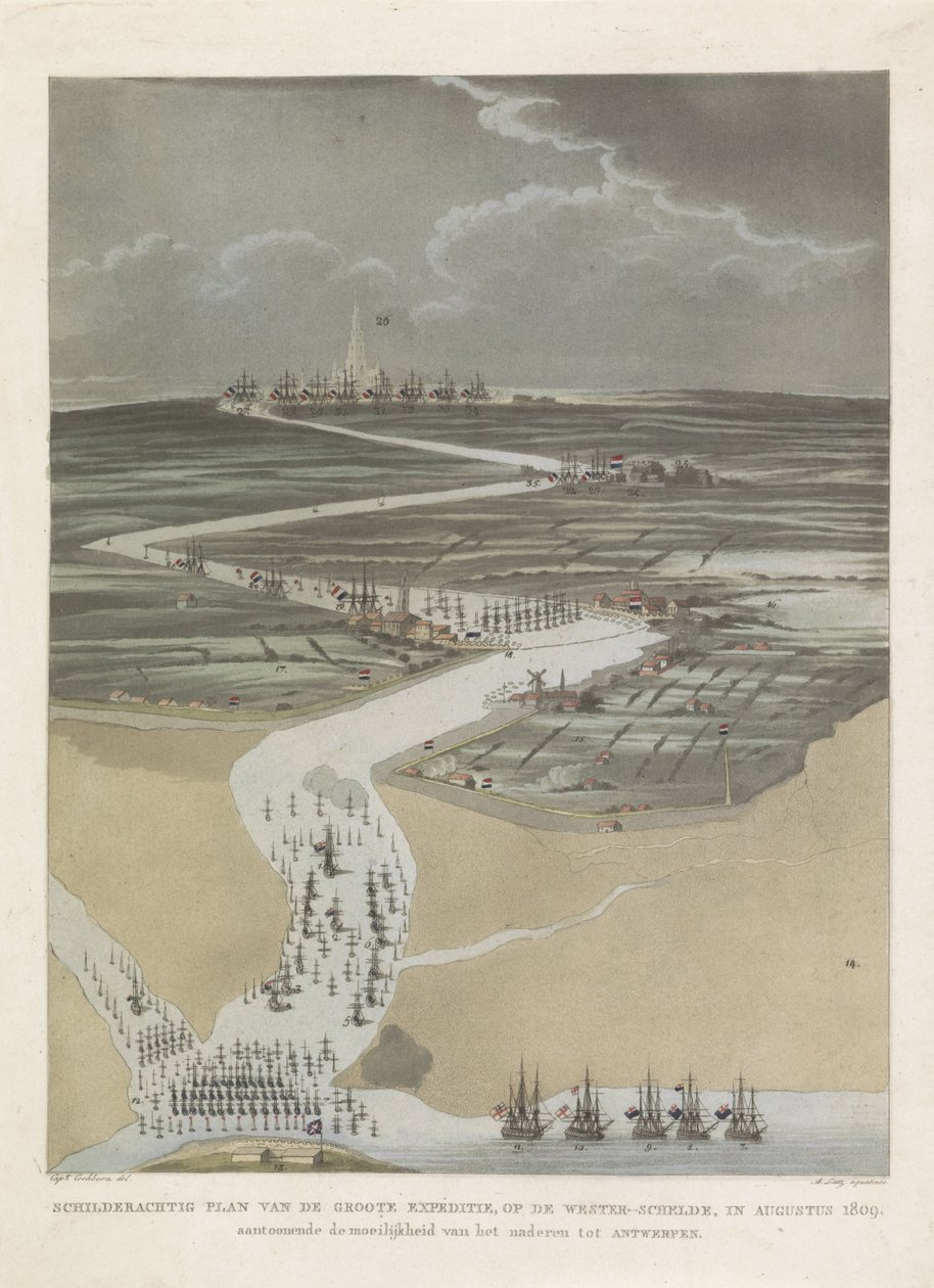 Expedición británica a Amberes, 1809 Plano pintoresco de la gran Expedición, en el Escalda Occidental, en agosto de 1809. mostrando la dificultad de acercarse a Amberes (título sobre el objeto) de A. Lutz