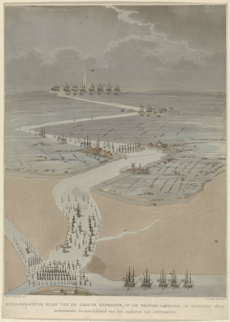 Vista de pájaro del Escalda occidental con flotas inglesa, holandesa y francesa, 1809 Plano pintoresco de la gran expedición, en el Escalda occidental en agosto de 1809 (título sobre objeto) de A. Lutz