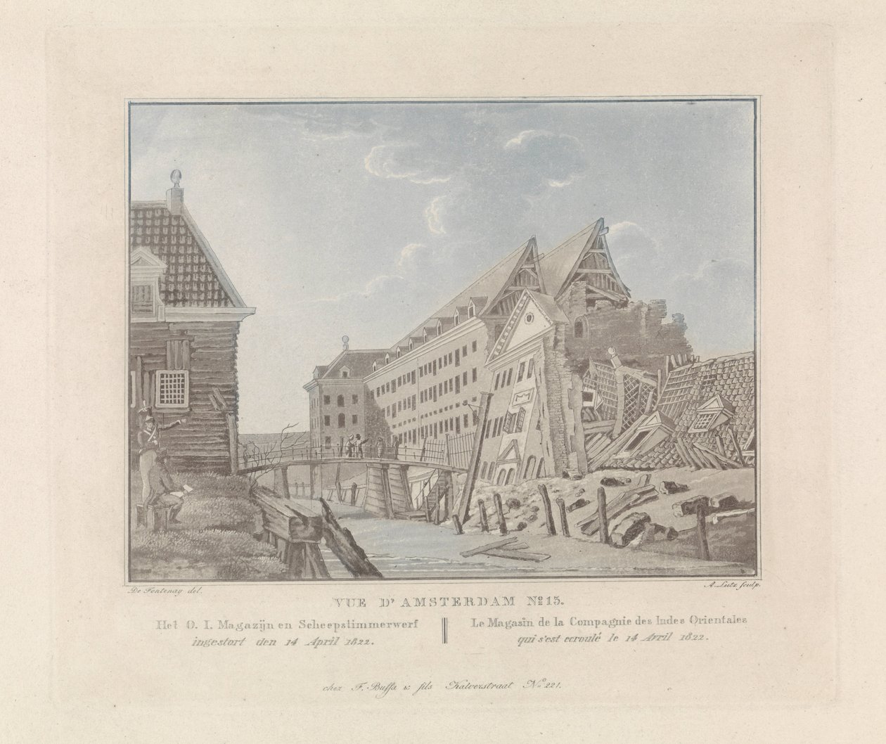 Vista del almacén del Mar de las Indias Orientales derrumbado en Ámsterdam, 1822 El O. I. Almacén y Astillero / Le Magasin de la Compagnie des Indes Orientales (título sobre el objeto) Vistas de Ámsterdam (título de la serie) de A. Lutz