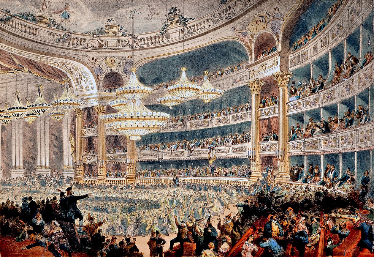 Baile en la Ópera de la rue Le Peletier en París alrededor de 1850 - Grabado de A Provost de A Provost