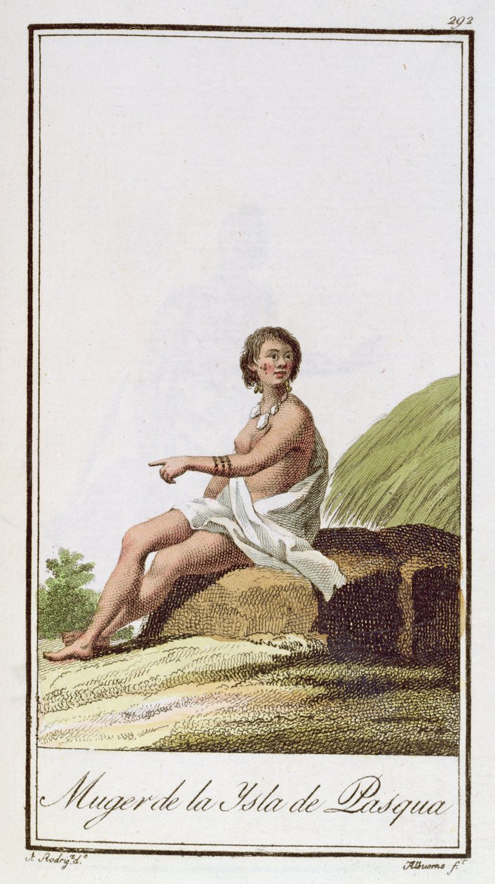 Una mujer de la Isla de Pascua, grabado por Albuerne, 1799 de A. Rodriguez