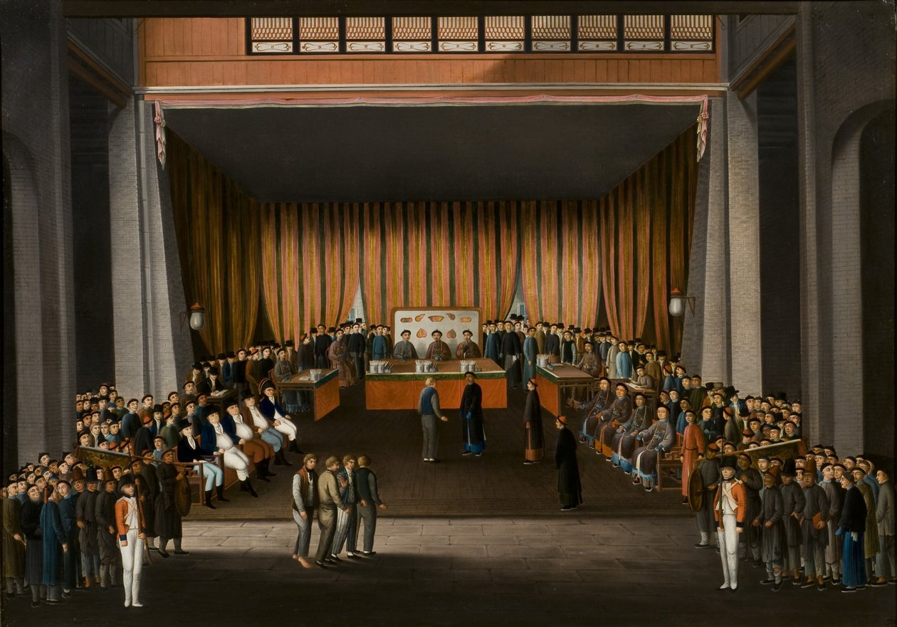 Corte de justicia china en el salón de la fábrica británica en Cantón, 9 de abril de 1807, c.1810 de A. Roland Knight