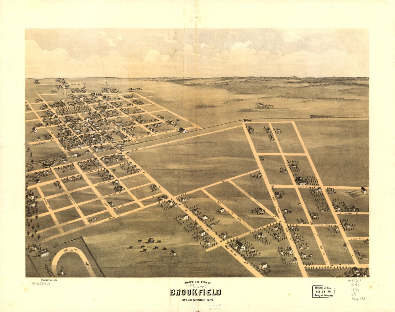 Vista aérea de Brookfield, condado de Linn, Misuri 1869. LOC 73693470 de A. Ruger