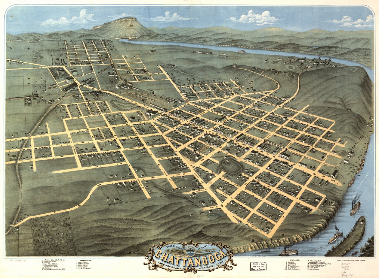 	Vista aérea de la ciudad de Chattanooga, Condado de Hamilton, Tennessee 1871. de A. Ruger