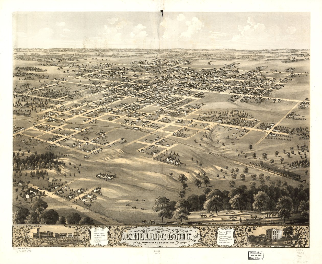 Vista de pájaro de la ciudad de Chillicothe, Livingston Co., Missouri 1869. LOC 73693472 de A. Ruger